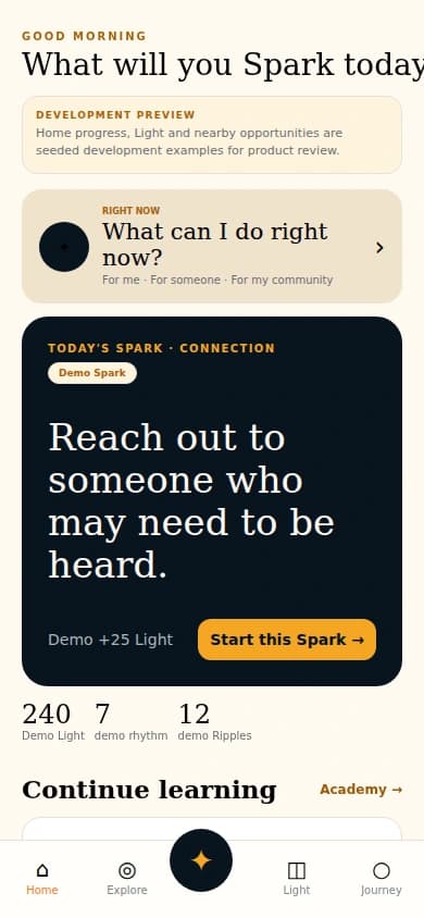 Actual Sparked development app: Your next Spark. Seeded demo data, rendered with Expo web.