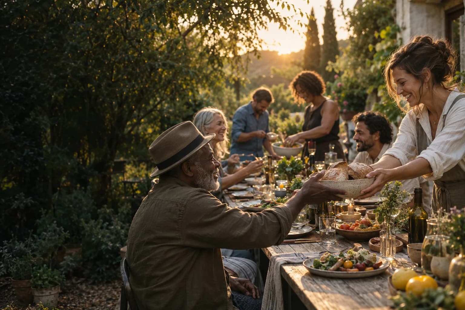 Illustrative neighbors passing bread around a warmly lit outdoor dinner table