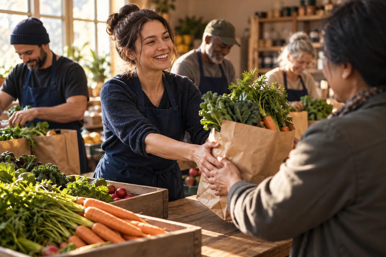 Illustrative volunteers preparing bags of fresh produce
