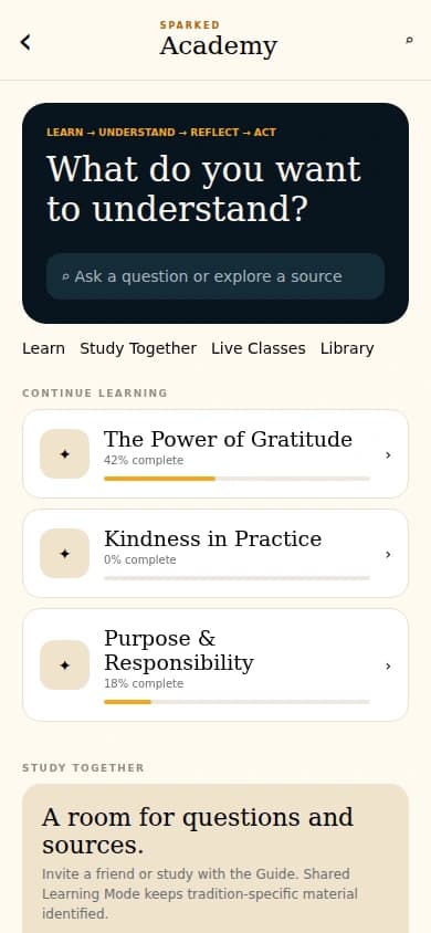 Actual Sparked development app: A place to learn. Seeded demo data, rendered with Expo web.